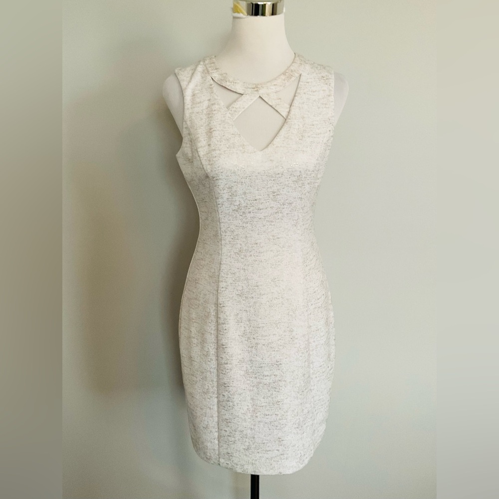 Guess Los Angeles Bodycon Dress Cutout Neck Sleeveless Metallic Gold Ivory Sz 8